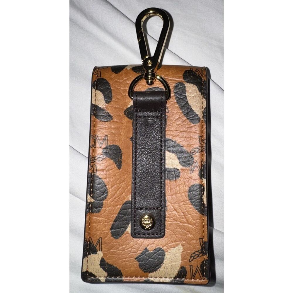 MCM Leopard Print Key Holder Card Case Gold Studded Clip Lanyard Mini Pouch - Picture 3 of 13